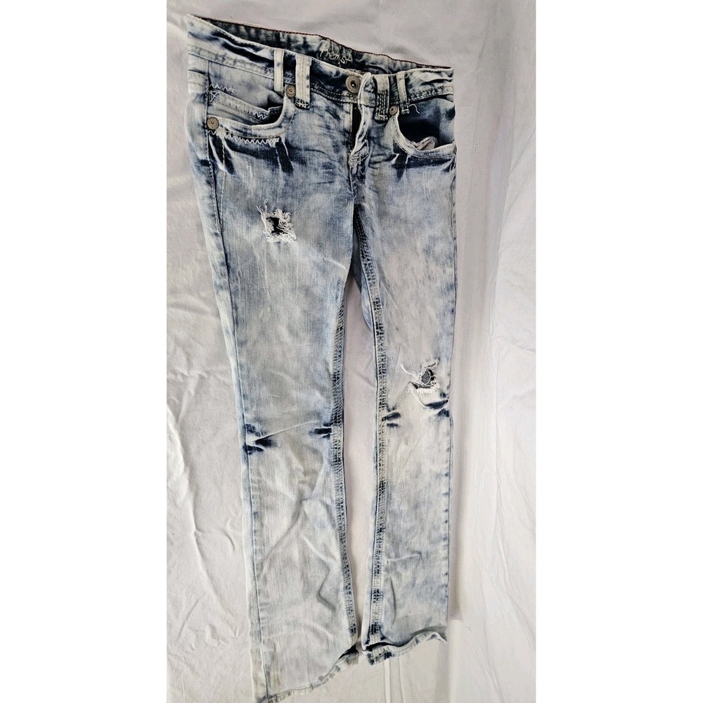 Y2K Amethyst Jeans 3 Stonewash Blue Distressed Wisker Low Rise Straight Leg
